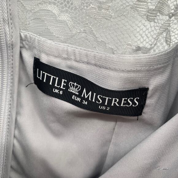 Little Mistress Lace Top Gray Silver Long Sleeve Knee Length Dress US 2 - Picture 3 of 10
